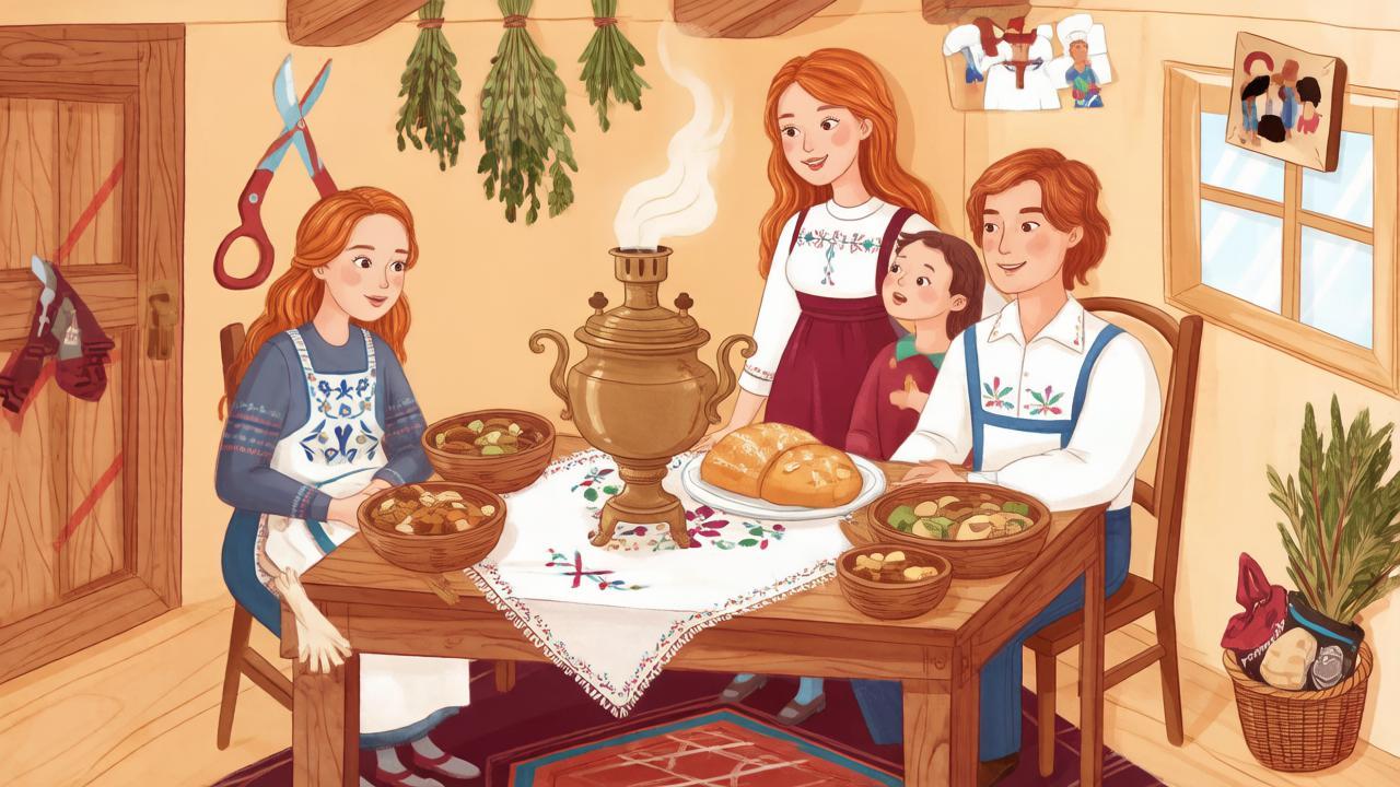 Семья за ужином в избе и символические запреты — иллюстрация к традициям Самойлова дня